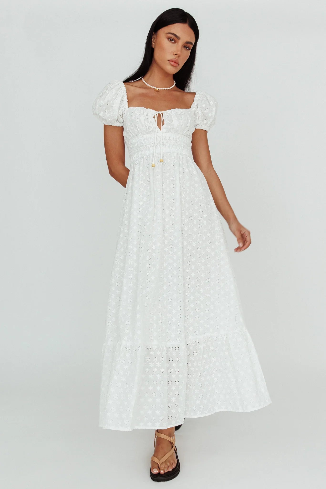 Sia Puff Sleeve Eyelet Maxi Dress White